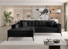 Canapé convertible capitonné angle gauche simili cuir noir et pieds métal noir Lazor 295 cm