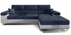 Canapé convertible d'angle droit tissu bleu foncé et simili cuir blanc avec rangement Wile 280 cm