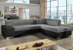 Canapé convertible moderne angle droit tissu gris clair chiné et simili cuir noir Plazo 278 cm