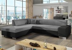 Canapé convertible moderne angle gauche tissu gris clair chiné et simili cuir noir Plazo 278 cm