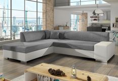 Canapé convertible moderne angle gauche gris clair chiné et simili cuir blanc Plazo 278 cm