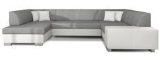 Canapé convertible panoramique bi matières tissu gris clair et simili cuir blanc avec coffre de rangement Houston 320 cm