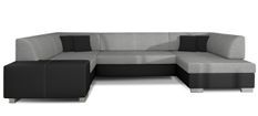 Canapé convertible panoramique bi matières tissu gris clair et simili cuir noir avec coffre de rangement Houston 320 cm