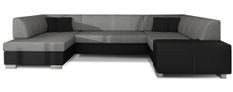 Canapé convertible panoramique bi matières tissu gris et simili cuir noir avec coffre de rangement Houston 320 cm