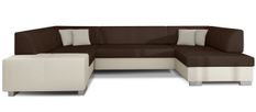 Canapé convertible panoramique bi matières tissu marron et simili cuir beige avec coffre de rangement Houston 320 cm