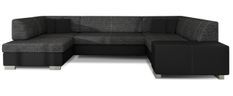 Canapé convertible panoramique bi matières tissu noir chiné et simili cuir noir avec coffre de rangement Houston 320 cm