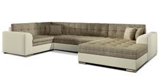 Canapé convertible panoramique tissu beige chiné et simili beige méridienne à droite Diana 340 cm