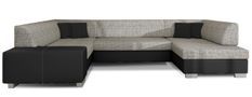 Canapé convertible panoramique bi matières tissu gris chiné et simili cuir noir avec coffre de rangement Houston 320 cm