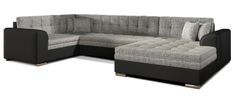 Canapé convertible panoramique tissu gris chiné et simili noir méridienne à droite Diana 340 cm