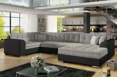 Canapé convertible panoramique tissu gris chiné et simili noir méridienne à droite Diana 340 cm