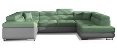 Canapé convertible U droit tissu vert et simili gris avec coffre de rangement Tovy 340 cm