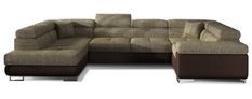 Canapé convertible U gauche tissu beige chiné et simili marron avec coffre de rangement Tovy 340 cm