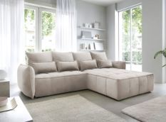 Canapé d’angle convertible 4 places KAMPUS en tissu effet cuir avec coffre de rangement – 265 cm
