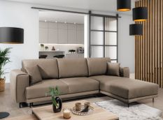Canapé d'angle convertible 5 places velours DAVINA 289 cm - Coffre et pieds métal noir