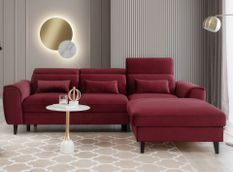 Canapé d’angle convertible ASTORIA en velours avec coffre, têtières réglables et pieds en bois noir – 267 cm