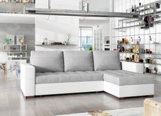 Canapé d'angle convertible et réversible tissu gris clair et simili cuir blanc Zelly 237 cm