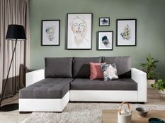 Canapé d'angle convertible et réversible tissu gris foncé et simili cuir blanc Zelly 237 cm