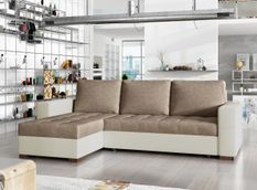 Canapé d'angle convertible et réversible tissu marron clair et simili cuir beige Zelly 237 cm