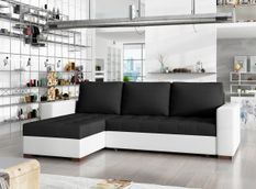 Canapé d'angle convertible et réversible tissu noir et simili cuir blanc Zelly 237 cm
