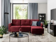 Canapé d'angle convertible et réversible velours KINDO - Pieds bois clair