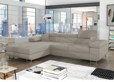 Canapé d’angle convertible KALIZO en tissu côtelé avec coffre, têtières réglables et pieds en acier chromé – 289 cm