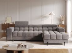 Canapé d’angle convertible KATE en velours avec coffre, têtières réglables et pieds en métal noir – 285 cm