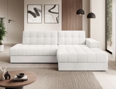 Canapé d’angle convertible KELLY en tissu bouclette avec coffre – 240 cm