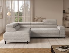 Canapé d’angle convertible KOLEZO en tissu côtelé avec coffre et têtières réglables – 274 cm