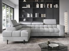 Canapé d’angle convertible LUCCINO en tissu avec coffre, têtières réglables et pieds en métal noir – 276 cm