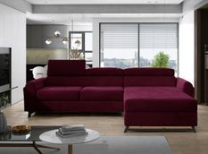 Canapé d’angle convertible MAZALI en velours avec coffre et têtières réglables – 288 cm