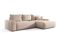 Canapé d’angle convertible MONA à droite en tissu tressé beige