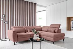 Canapé d’angle convertible NOBLESSE en velours avec coffre et pieds en bois noir – 265 cm
