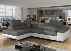 Canapé d'angle convertible simili cuir et tissu MARKA - Coffre et appuis-tête réglables