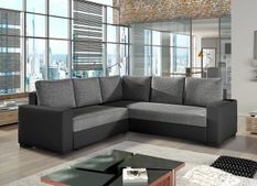 Canapé d'angle convertible simili noir et tissu gris chiné Travor 235 cm