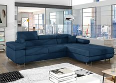 Canapé d’angle convertible RIKARO en velours avec coffre et têtières réglables – 281 cm
