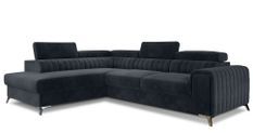 Canapé d'angle convertible velours avec appuis-tête réglables LOZA - Coffre et pieds acier chromé