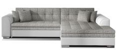 Canapé d'angle droit convertible 4 places tissu gris clair chiné et simili blanc Looka 295 cm