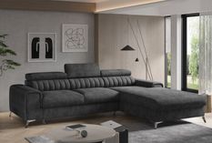 Canapé d'angle droit convertible effet cuir appuis-tête réglables GRENKY - Coffre et pieds acier chromé