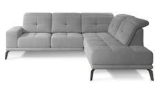 Canapé d'angle droit design matelassé tissu doux brillant gris clair et pied noir Kazane 275 cm