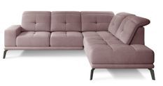 Canapé d'angle droit design matelassé velours rose et pied noir Kazane 275 cm