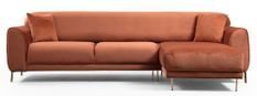 Canapé d'angle droit design velours orange et pieds acier doré Liza