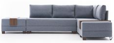 Canapé d'angle droit et 2 poufs tissu bleu Tikona 280 cm