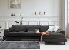 Canapé d'angle droit velours anthracite avec têtières relevables et pieds metal noir Briko 308 cm