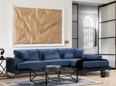 Canapé d'angle droit velours bleu avec têtières relevables et pieds metal noir Briko 308 cm