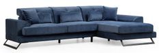 Canapé d'angle droit velours bleu avec têtières relevables et pieds metal noir Briko 308 cm
