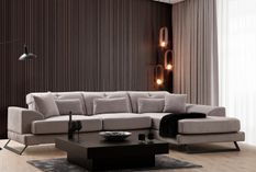 Canapé d'angle droit velours gris avec têtières relevables et pieds metal noir Briko 308 cm