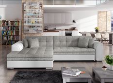 Canapé d'angle gauche convertible 4 places tissu gris clair chiné et simili blanc Looka 295 cm