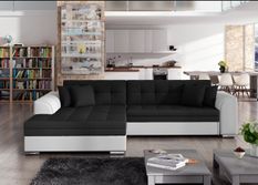 Canapé d'angle gauche convertible 4 places tissu noir et simili blanc Looka 295 cm