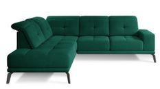 Canapé d'angle gauche design matelassé tissu doux brillant vert et pied noir Kazane 275 cm