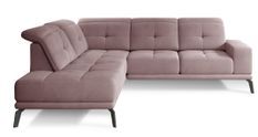 Canapé d'angle gauche design matelassé velours rose et pied noir Kazane 275 cm
